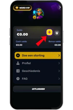 Accountmenu van Wino Casino met cash en bonussaldo, waar een pijl naar de plusknop voor de eerste storting wijst.