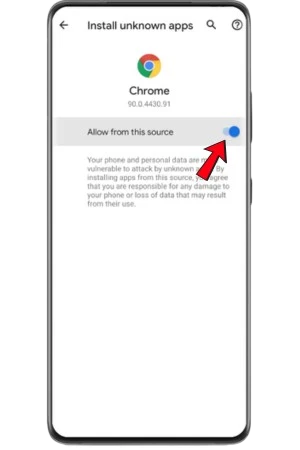 Instellingen van Android waarin de schakelaar om apps via Chrome te installeren is aangezet.
