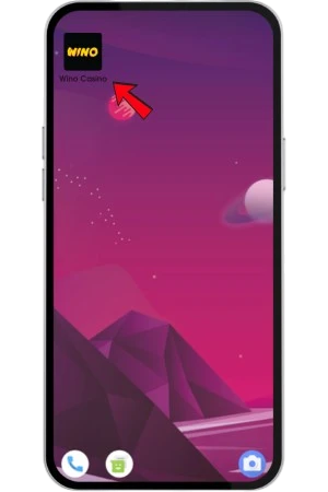 Nieuw icoon van Wino Casino linksboven op het beginscherm van een Androidtoestel na de installatie.