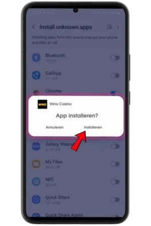 Venster van Android met de vraag of de app van Wino Casino geïnstalleerd moet worden, met een pijl naar Installeren.