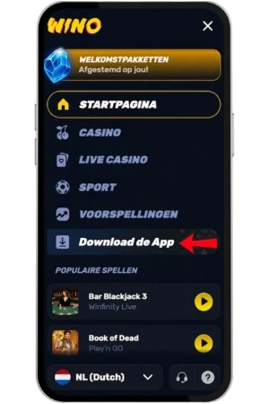 Geopend menu van Wino Casino waarin een pijl de optie aanwijst om de APK voor Android te downloaden.