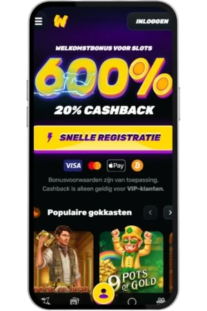 Startpagina van Wino Casino in de mobiele browser op Android, met de welkomstbonus voor slots bovenaan.