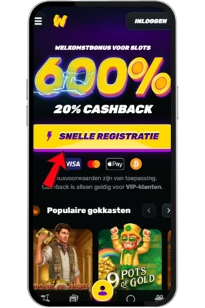 Rode pijl naar de knop voor snelle registratie op de mobiele site, de eerste stap voor spelers zonder account.
