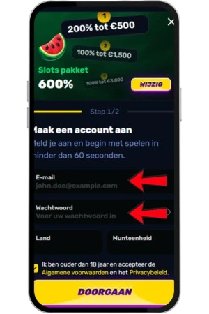 Registratieformulier op een Androidtoestel met pijlen naar de velden voor mailadres en wachtwoord.