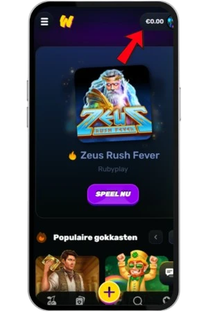 Saldo rechtsboven in de mobiele versie van Wino Casino, waarop u tikt om het accountmenu te openen.