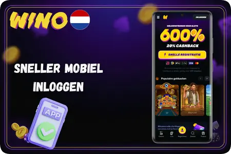 Smartphone met het startscherm van Wino Casino, dat u na inloggen met Face ID of Touch ID direct opent.