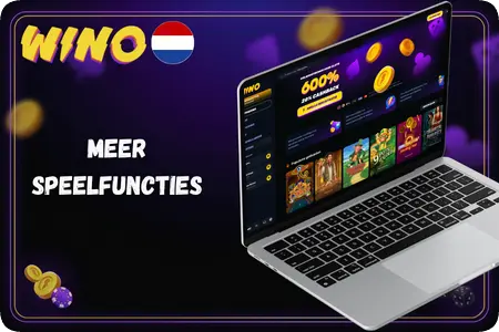 Laptop met de startpagina van Wino Casino, waar u slots met autospin en Bonus Buy opent naast het welkomstpakket van 600% tot €10.000 op slots of 300% tot €3.000 op sport.