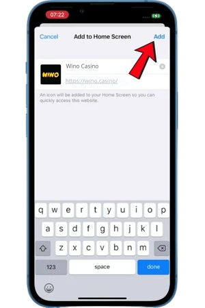 Venster met de naam Wino Casino voor het nieuwe icoon, waarin u de toevoeging bevestigt met de knop rechtsboven.