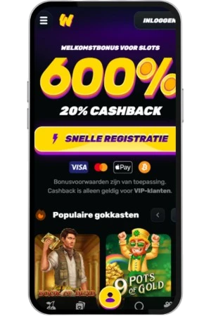 Mobiele startpagina van Wino Casino met het welkomstpakket voor slots, het eerste scherm na het openen van de site.
