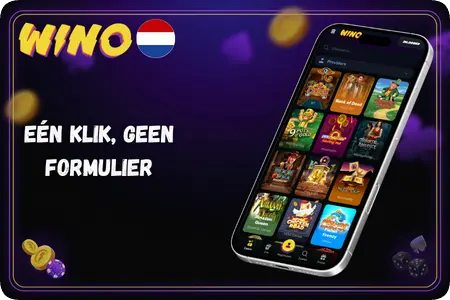 Smartphone met de spellenlobby van Wino Casino, bereikt na aanmelden met één klik via een sociaal account.