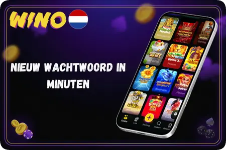 Smartphone met de gokkasten van Wino Casino, weer bereikbaar nadat u uw wachtwoord via de herstellink hebt vernieuwd.