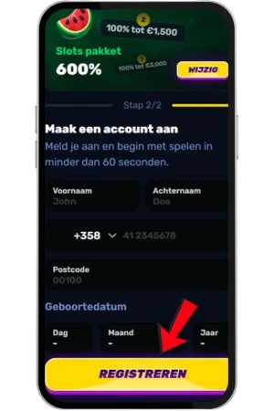 Pijl naar de gele knop onderaan het formulier van Wino Casino waarmee u de aanmelding op mobiel afrondt.