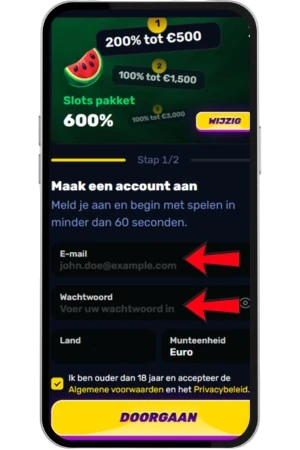 Eerste stap van het aanmeldformulier bij Wino Casino, met pijlen naar de velden voor mailadres en wachtwoord.
