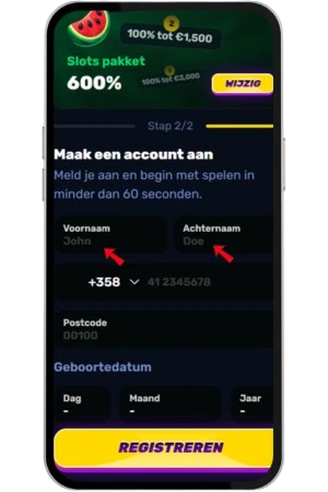 Tweede stap van de aanmelding bij Wino Casino, waar u op uw telefoon uw voornaam en achternaam invult.