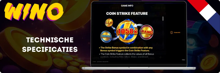 Coin Strike spelinfo op een laptop het Strike-symbool verzamelt een 8x-munt, de Minor en de Grand tot 1.058x de inzet