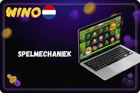 Huff N Puff op een laptop met bouwhelm, biggetjes en vier jackpots boven de rollen
