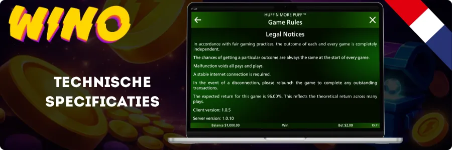 Huff N Puff spelregels op een laptop met de theoretische RTP van 96%