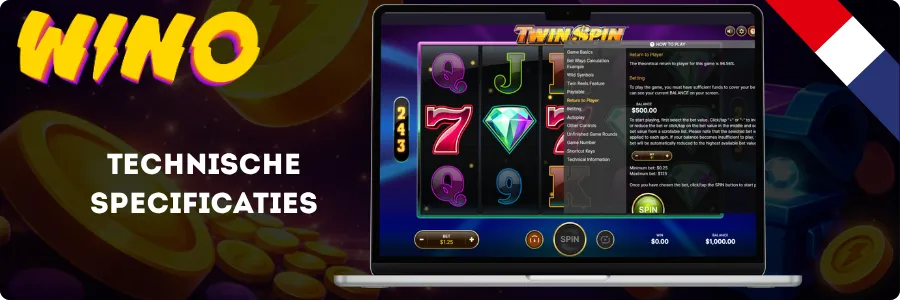 Twin Spin spelregels op een laptop met de theoretische RTP van 96,56%